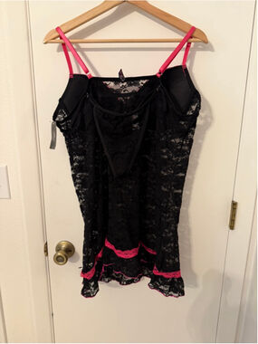 Just Sexy Lingerie 3X Black Lace Chemise Teddy Set Pink Trim Matching Thong NWT